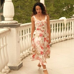 🌺Romantic Floral White and Pink Dress Lace Skirt Underneath~Pockets Sz Med NWT